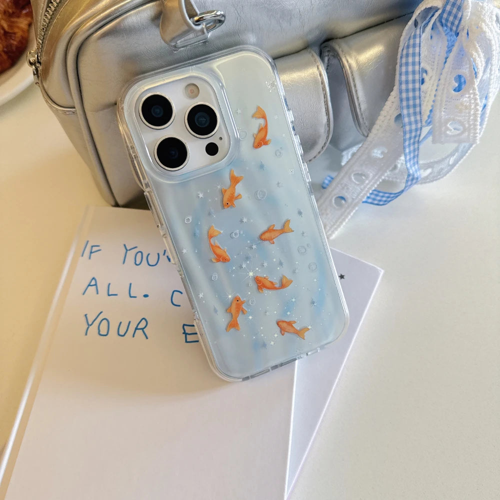 Creative Gradient Blue Goldfish & Star Patterns Case for iPhone