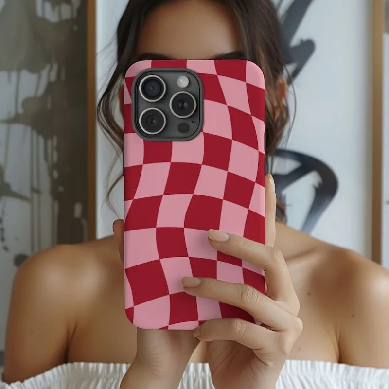 Retro Red Wavy Checkered Phone Case for iPhone