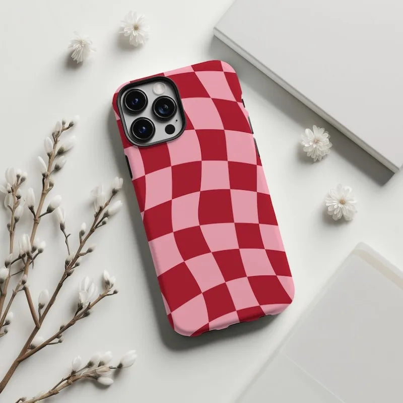 Retro Red Wavy Checkered Phone Case for iPhone