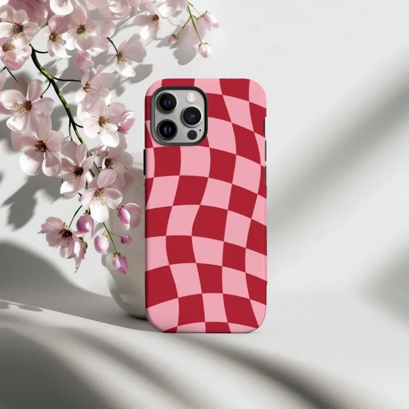 Retro Red Wavy Checkered Phone Case for iPhone